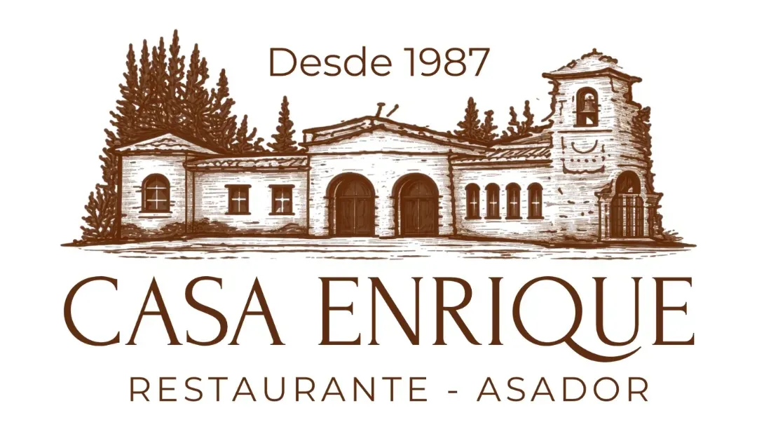 Logo for Casa Enrique restaurant, depicting a building and text: "Casa Enrique Restaurante - Asador" since 1987.