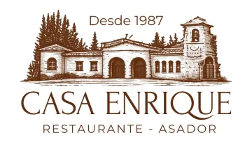 Logo for Casa Enrique restaurant, depicting a building and text: "Casa Enrique Restaurante - Asador" since 1987.