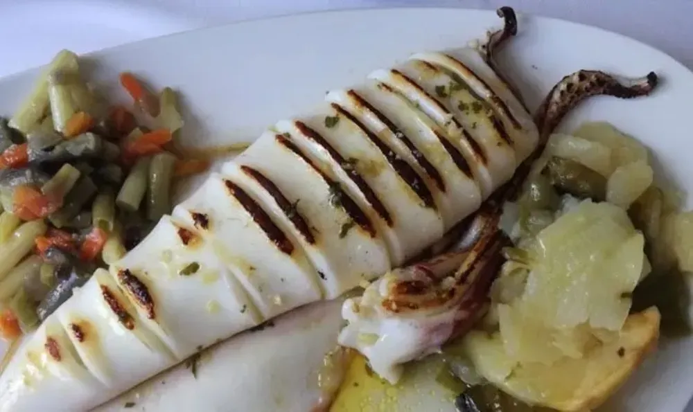 Calamares a la plancha con verduras en plato blanco.