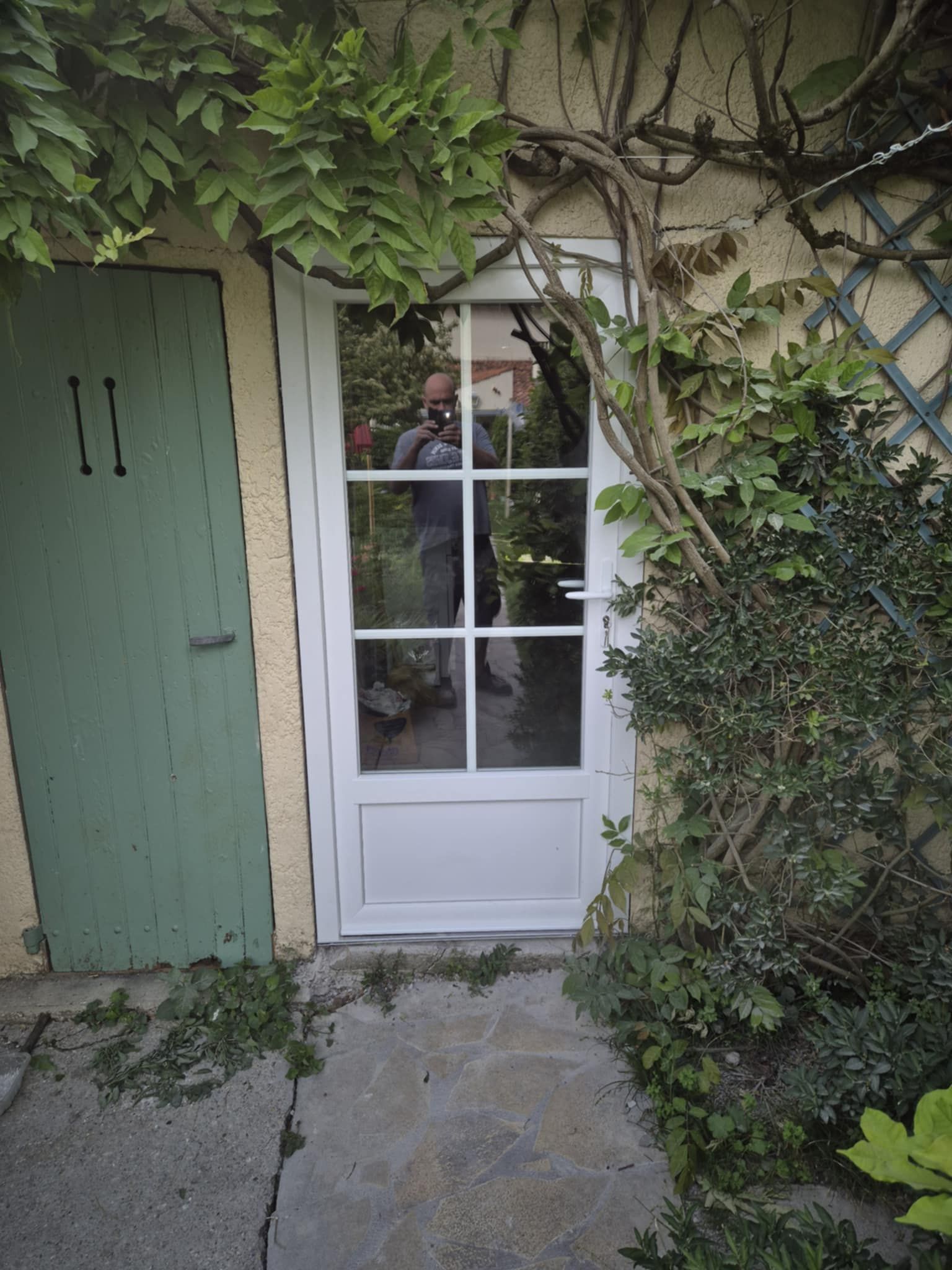 Porte à panneaux de verre blanc dans un mur de pierre recouvert de vigne, à côté d'une porte en bois vert.
