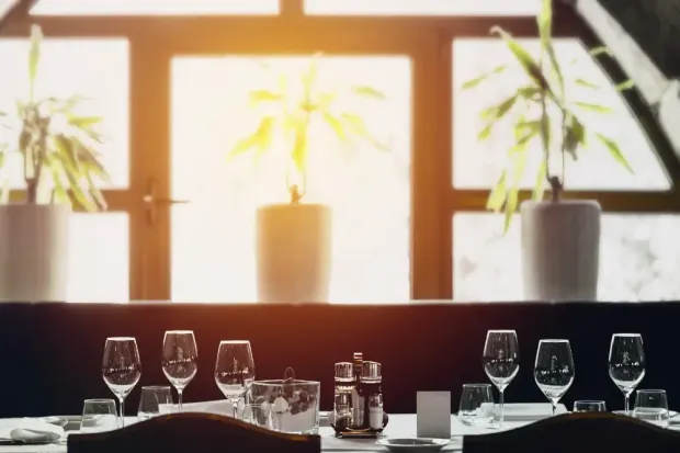 A restaurant table with plates , wine glasses , and potted plants in front of a window.