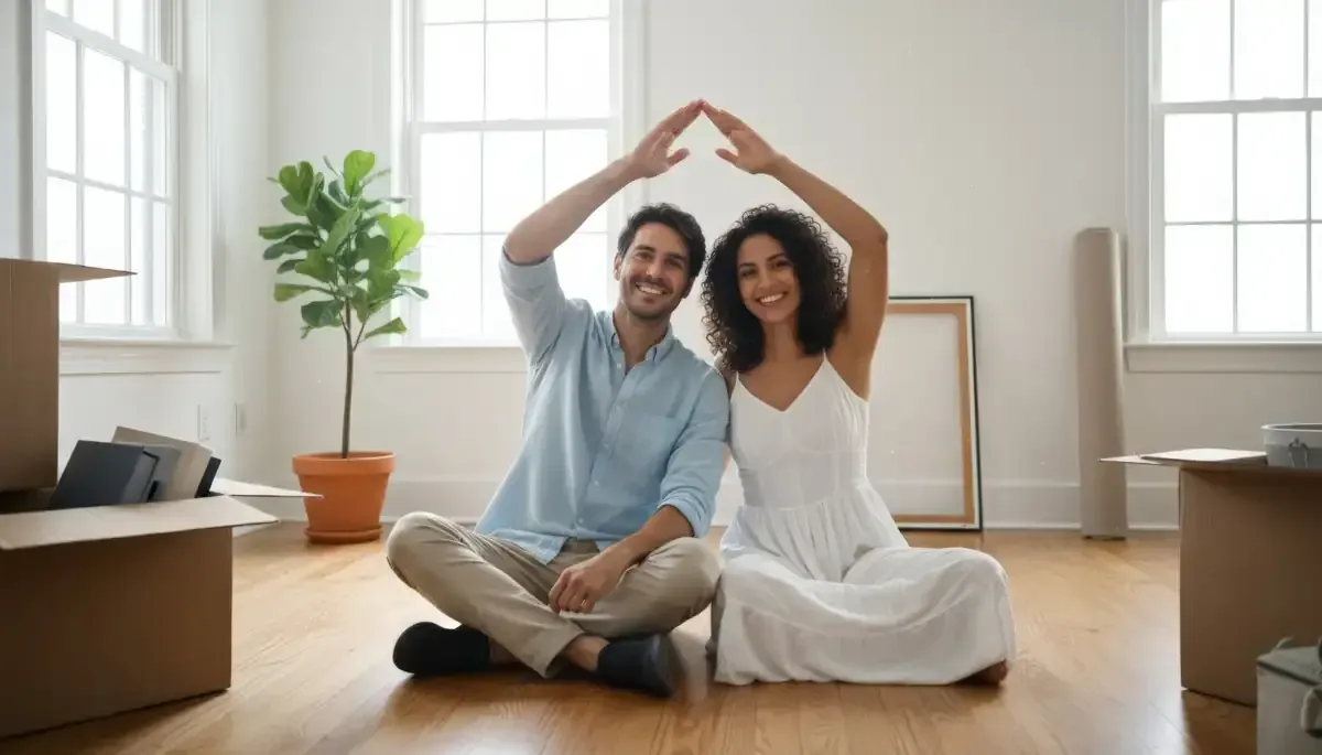 Pareja sentada en el suelo, con las manos formando una casa sobre sus cabezas en un hogar nuevo y vacío.