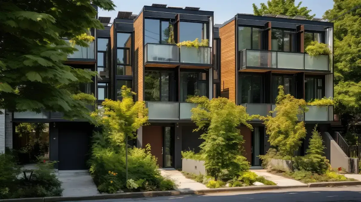 Modernas casas adosadas de tres pisos con revestimiento de madera, balcones y jardines verdes.