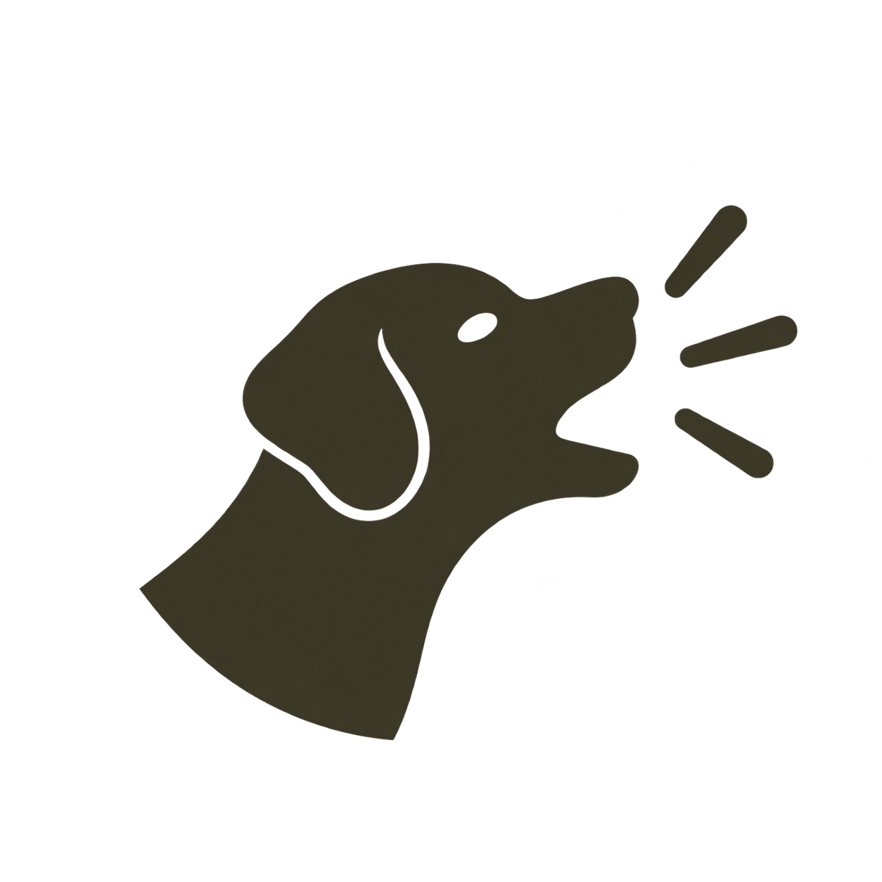 Silhouette de tête de chien noir qui aboie, avec des marques sonores