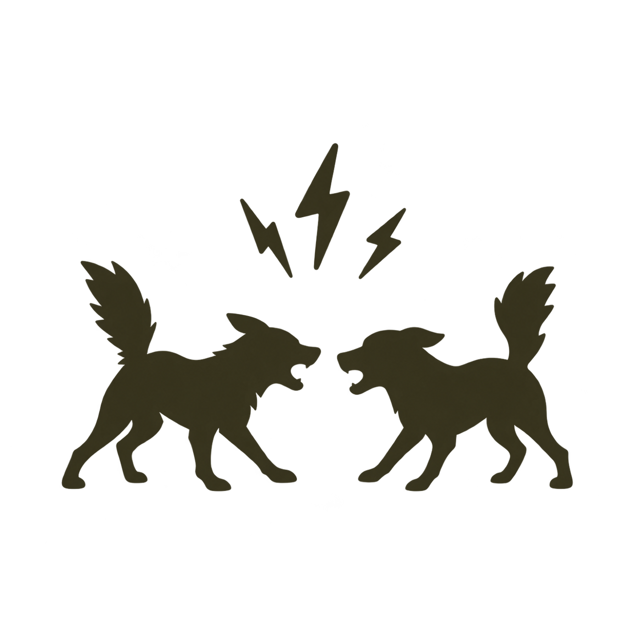 Deux silhouettes sombres semblables à des loups se faisant face, avec des éclairs au-dessus sur fond blanc