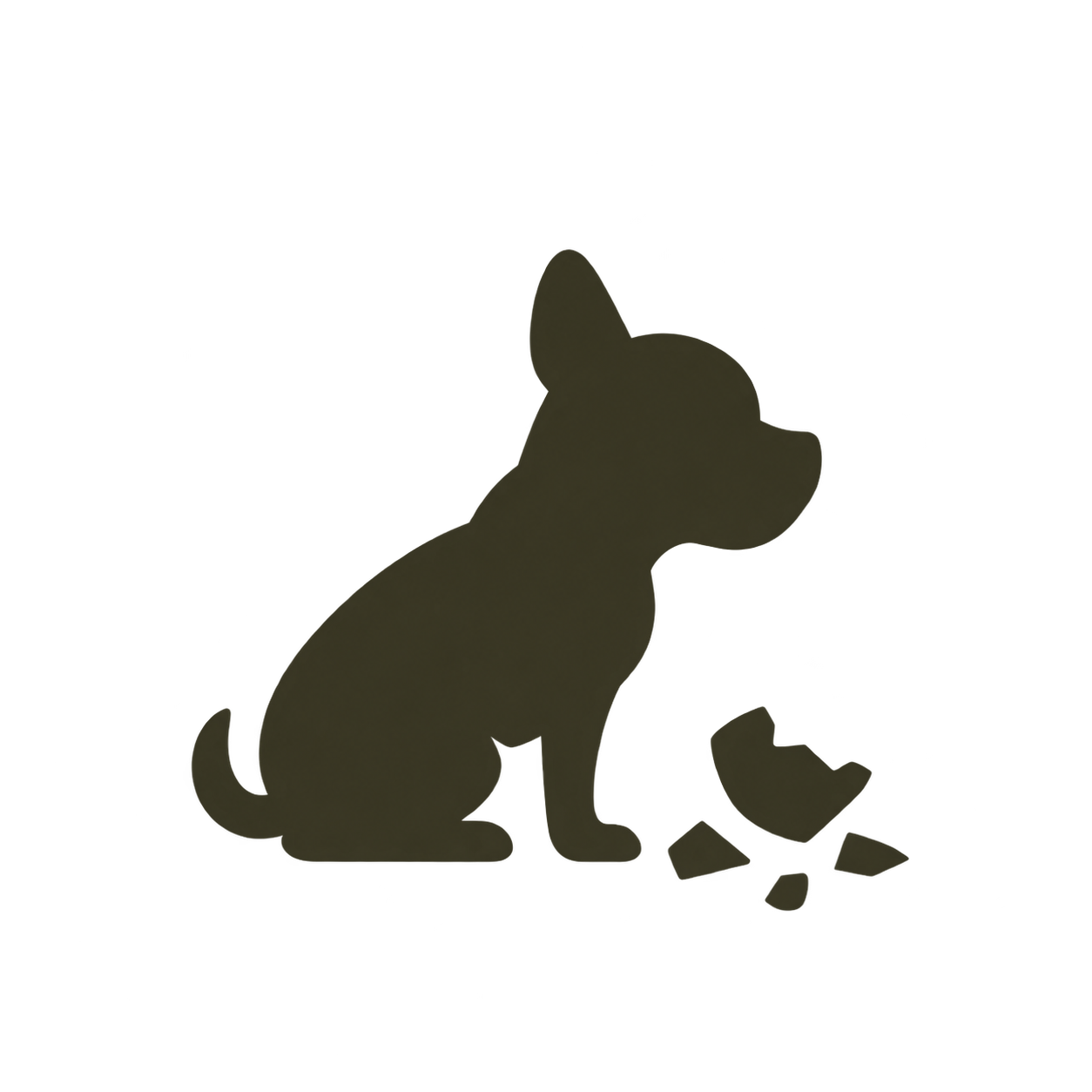 Silhouette d’un chien assis à côté d’un os cassé, sur fond blanc