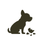 Silhouette d’un chien assis à côté d’un os cassé, sur fond blanc
