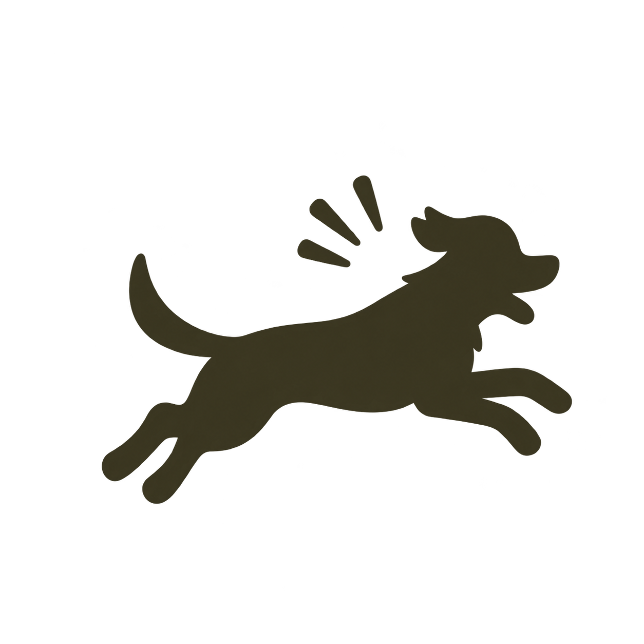 Silhouette brun foncé d’un chien en train de sauter ou de courir, avec des lignes de mouvement sur fond blanc