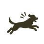 Silhouette brun foncé d’un chien en train de sauter ou de courir, avec des lignes de mouvement sur fond blanc