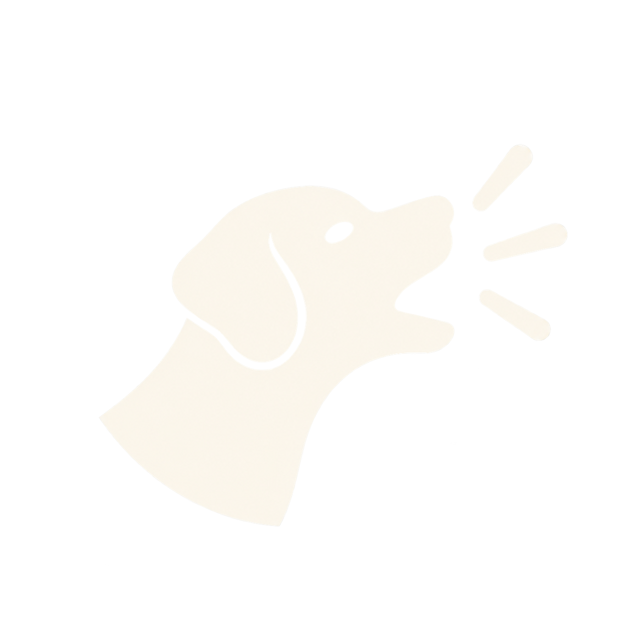 Silhouette pâle d’un chien qui aboie, avec des lignes sonores sur fond blanc