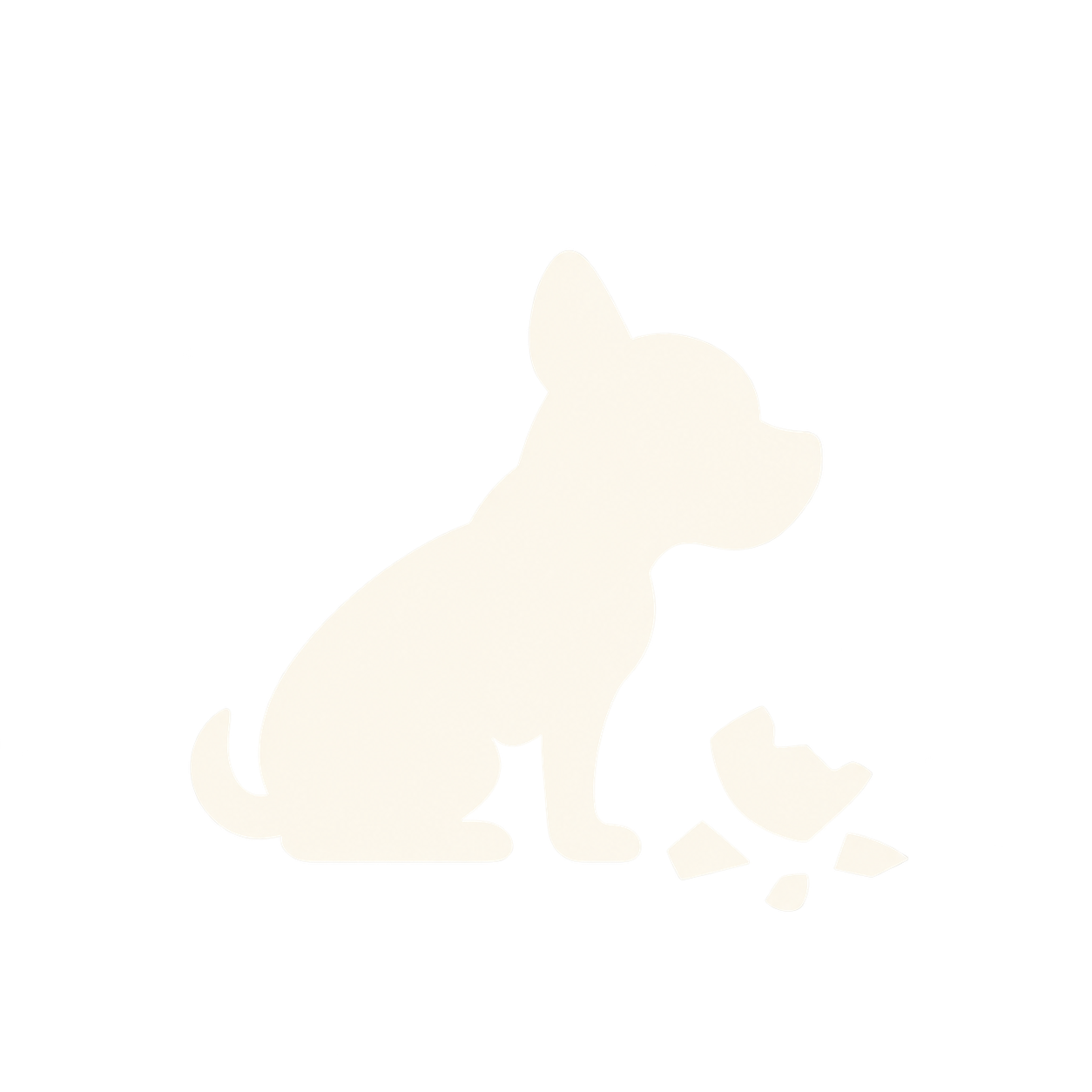 Silhouette crème clair d’un chien assis à côté d’un petit jouet sur fond blanc