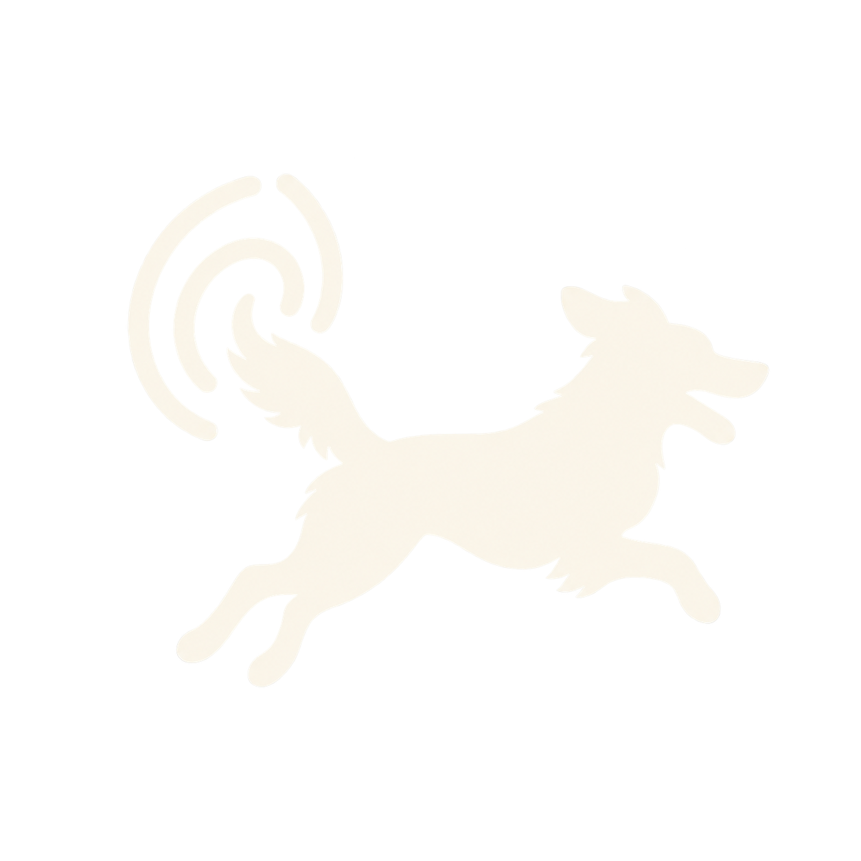 Silhouette crème pâle d’un chien courant après sa queue enroulée sur fond blanc