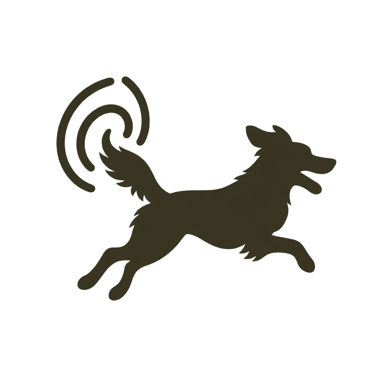 Silhouette noire d’un chien bondissant, à la queue recourbée, avec une piste d’empreintes de pattes derrière lui