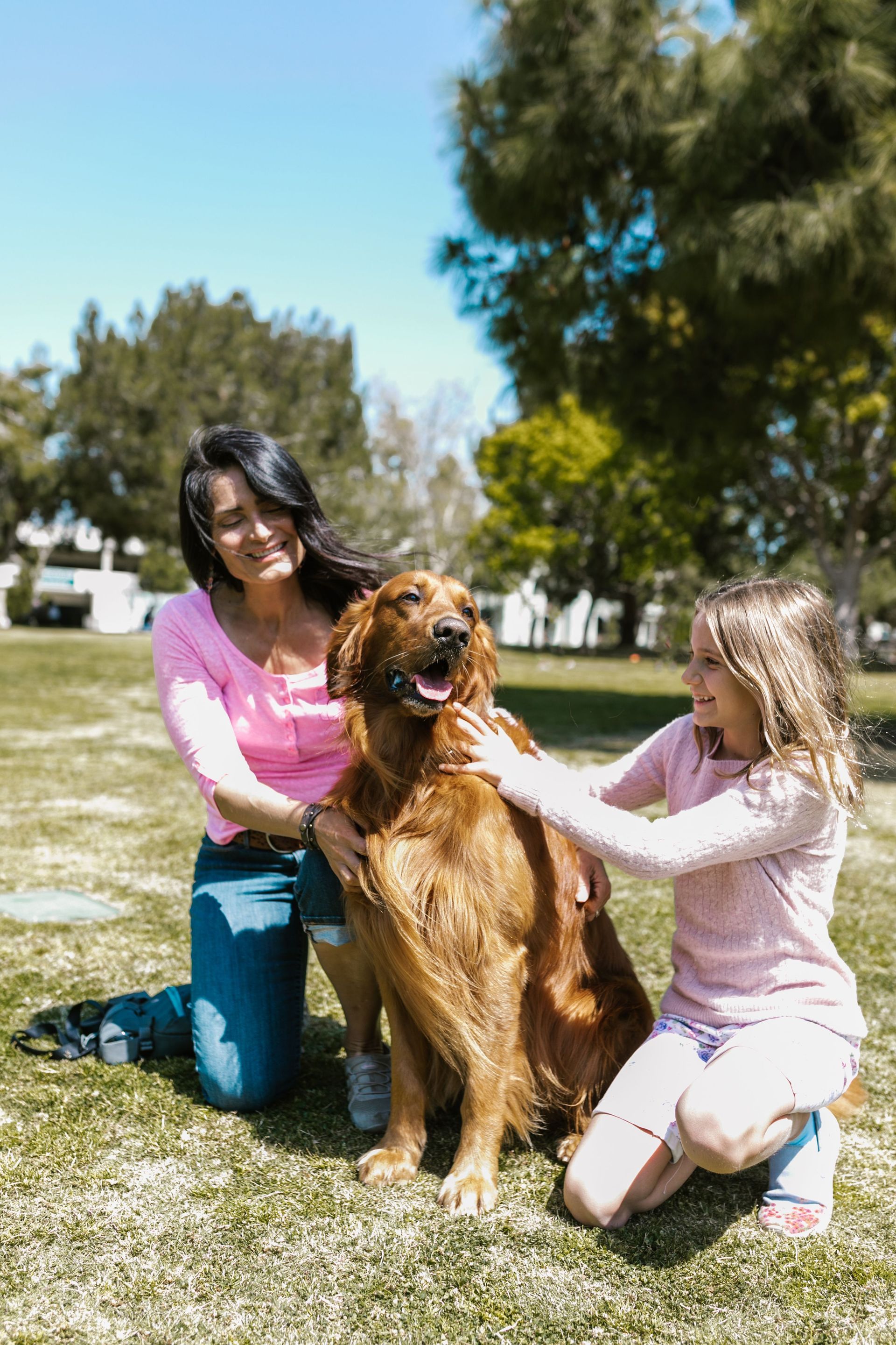 Deux personnes agenouillées avec un chien marron dans un parc ensoleillé, l'une d'elles lui caressant la tête