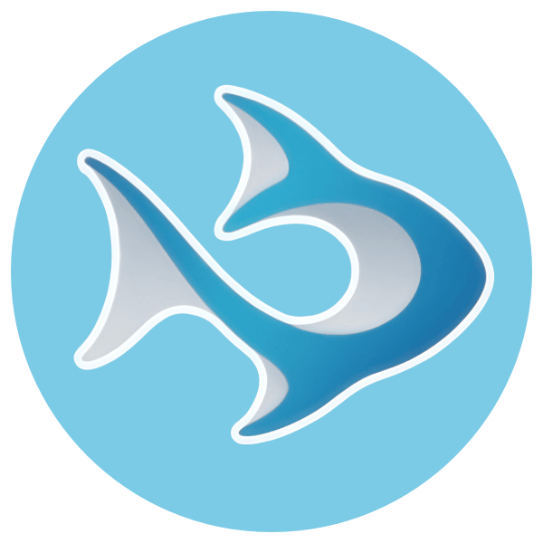 Un logotipo estilizado de un pez con contorno blanco en tonos azules y grises, centrado dentro de un círculo azul claro.
