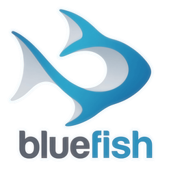 Un logotipo que presenta la forma estilizada de un pez azul sobre la palabra "bluefish" 