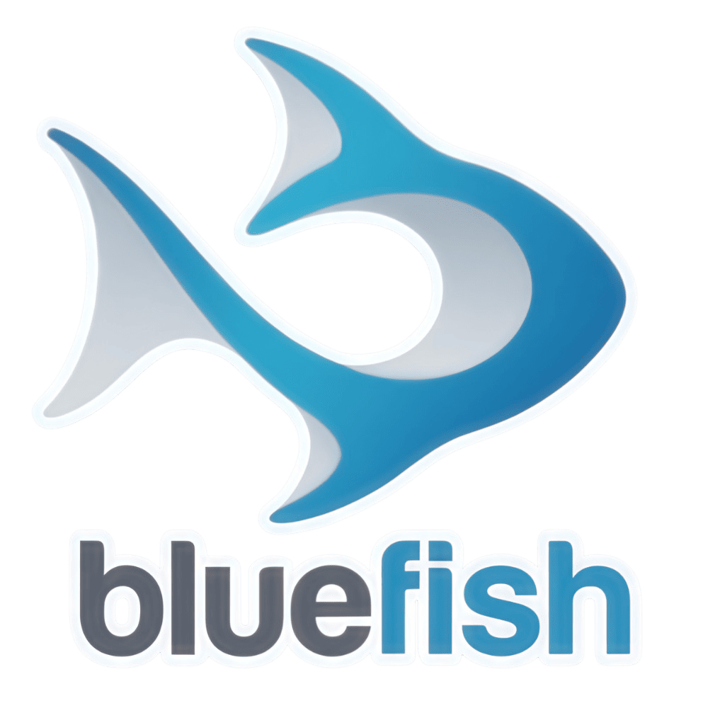 Un logotipo que presenta la forma estilizada de un pez azul sobre la palabra 