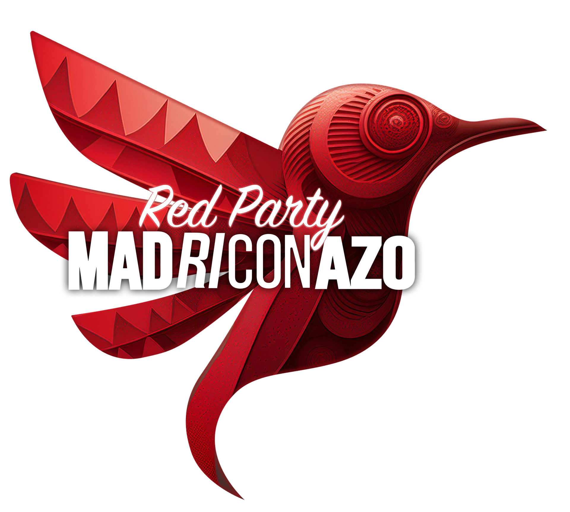 Colibrí rojo de origami con texto "Fiesta Roja MADRICONAZO".