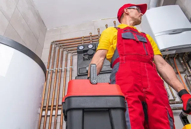 Fontanero con mono rojo y sombrero, llevando una caja de herramientas, inspeccionando los componentes del sistema de calefacción.