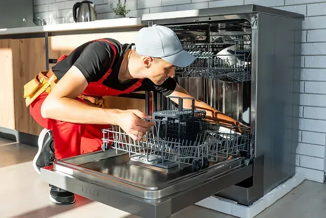 Reparador inspeccionando un lavavajillas, vestido con una gorra y un mono rojo, en una cocina.