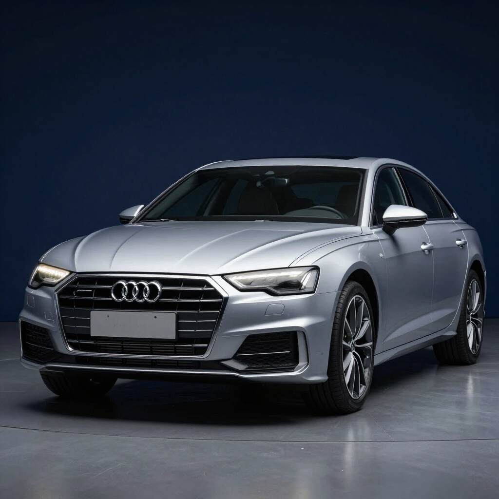 Sedán Audi plateado en un estudio, con un fondo azul oscuro.