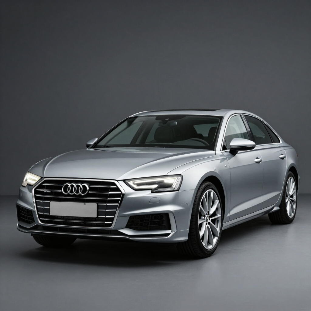 Sedán Audi plateado sobre un fondo oscuro de estudio, visto desde un ángulo frontal.
