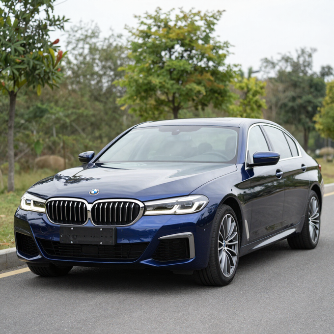 Sedán BMW azul aparcado en una carretera, con árboles al fondo