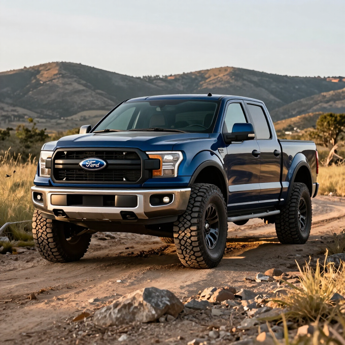 Camioneta Ford azul estacionada en un camino de tierra, con montañas al fondo