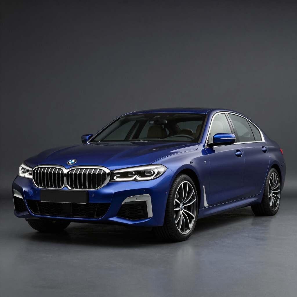 Sedán BMW azul sobre un fondo gris de estudio, visto en ángulo desde delante y a la izquierda.