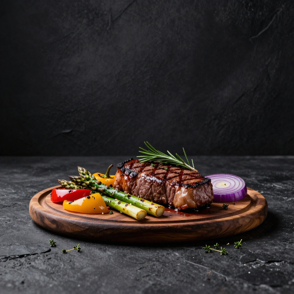 Gegrilltes Steak mit Spargel, geröstetem Gemüse und roten Zwiebeln auf einem Holzteller