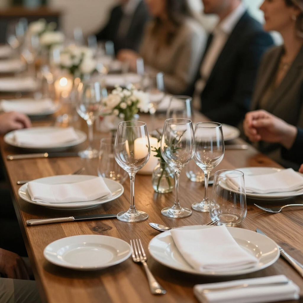 Elegant gedeckter Esstisch mit Tellern, Weingläsern, Kerzen und verschwommenen Gästen im Hintergrund