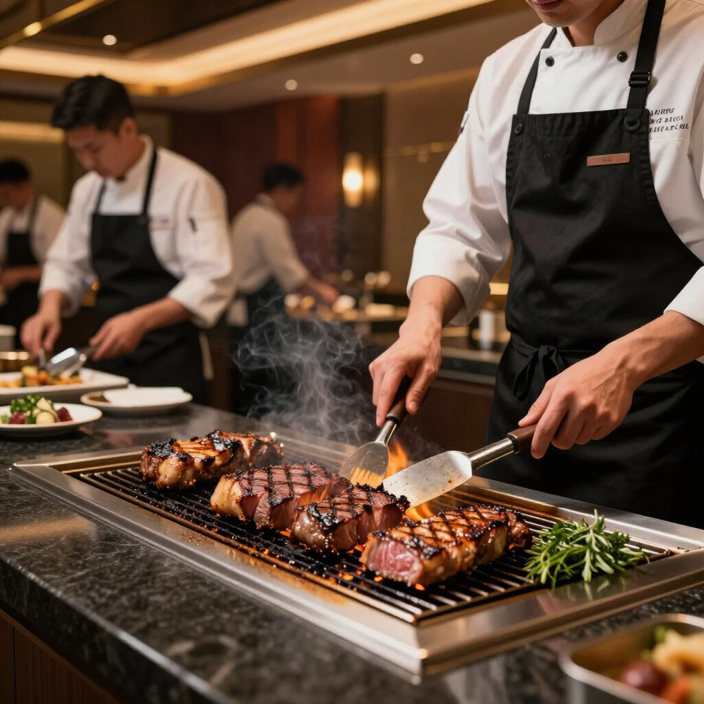 Köche richten Grillfleisch an einem Restaurantbuffet an, Dampf steigt von der heißen Grillplatte auf.