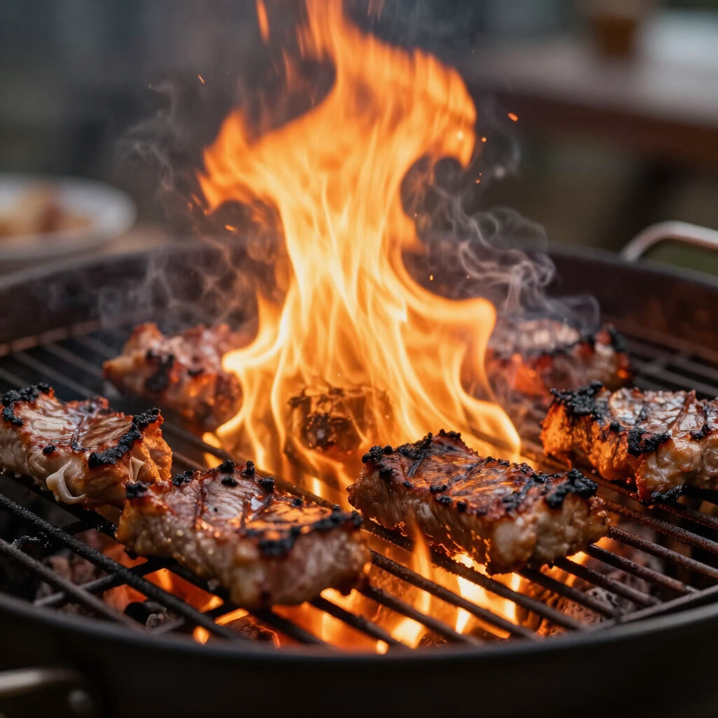 Fleisch wird über offenem Feuer auf einem Grill zubereitet, mit verkohlten Stücken und leuchtend orangefarbener Glut.