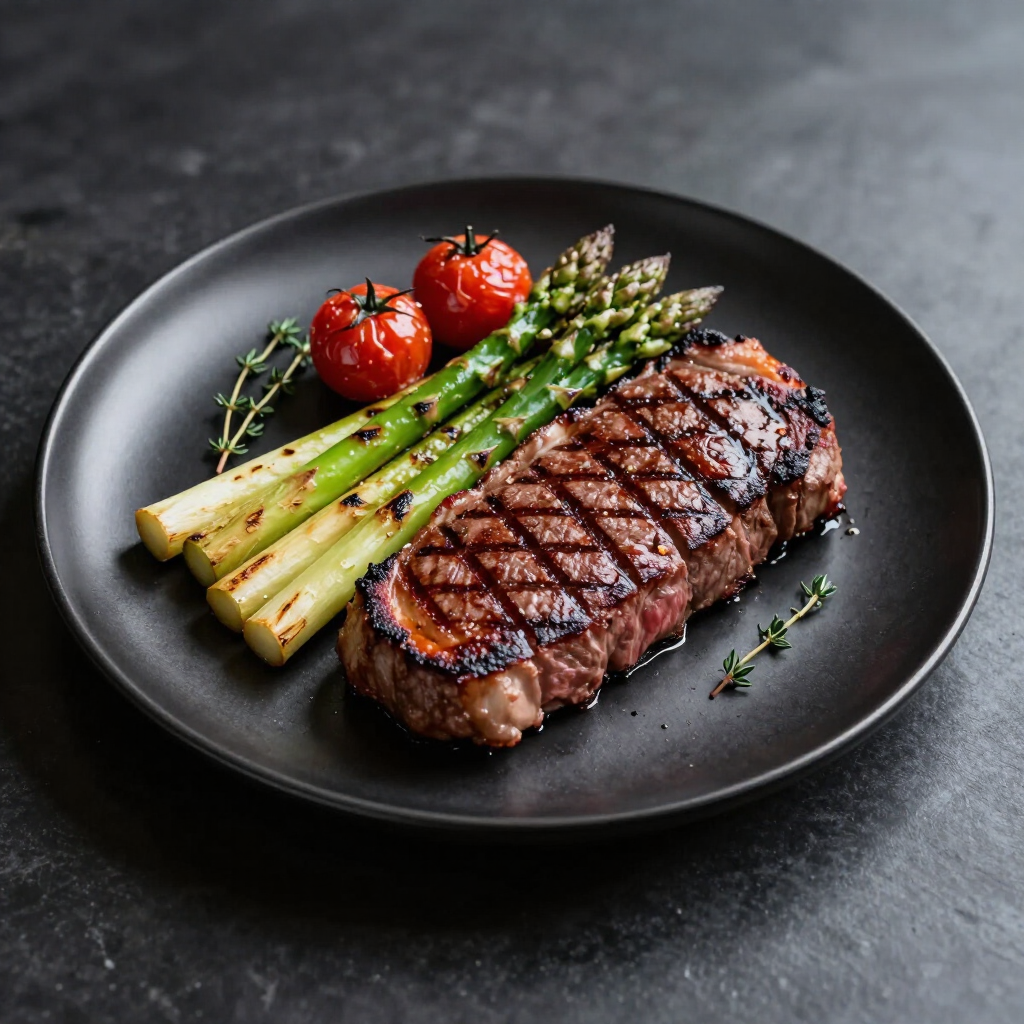 Gegrilltes Steak mit Spargel und Kirschtomaten auf einem schwarzen Teller