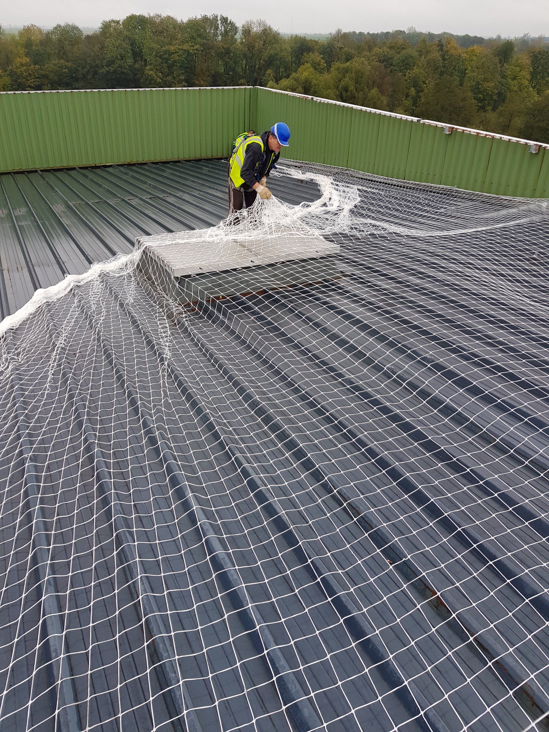 Une personne installe un filet de sécurité sur un toit en métal sombre.