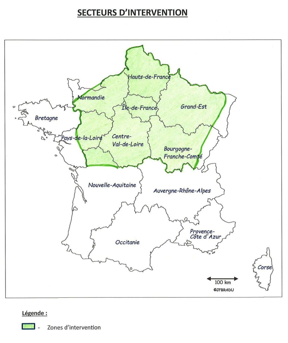 Carte de France mettant en évidence une zone verte intitulée « Zone d'intervention » couvrant les régions nord et centre.