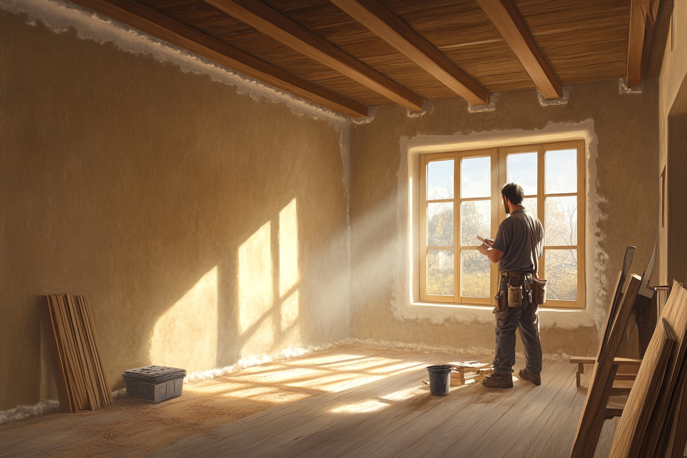 Une personne se trouve dans une pièce en rénovation. La lumière pénètre par une fenêtre, illuminant le parquet et les poutres apparentes du plafond.
