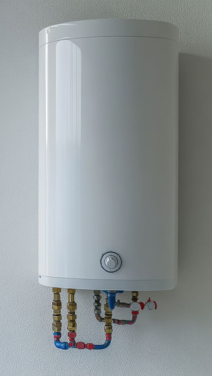 Chauffe-eau blanc monté sur un mur avec des tuyaux en laiton et un cadran de température.
