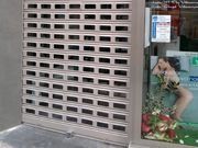 Una persiana metálica cerrada junto a un escaparate de cristal con flores en el interior.
