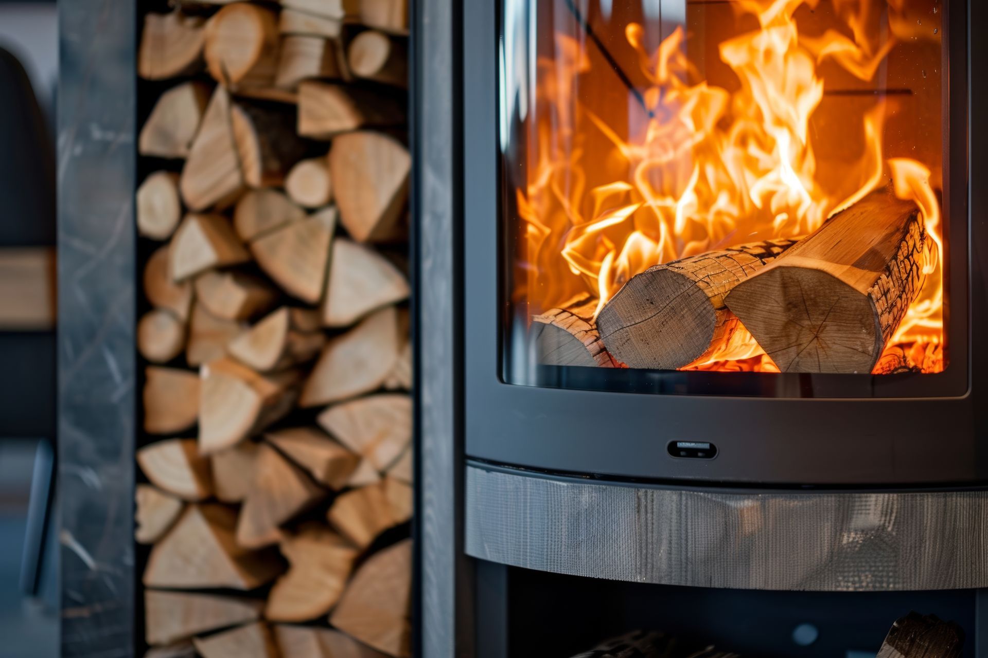Des bûches flambent dans un poêle à bois.