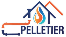 Logo avec une maison, une flamme et des tuyaux. Texte «Pelletier». Couleurs: bleu et orange.