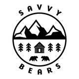 Circular logo: Mountains, cabin, trees, and bears; "SAVVY" above, "BEARS" below.