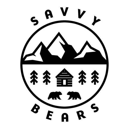 Circular logo: Mountains, cabin, trees, and bears; "SAVVY" above, "BEARS" below.