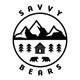 Circular logo: Mountains, cabin, trees, and bears; "SAVVY" above, "BEARS" below.