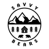 Circular logo: Mountains, cabin, trees, and bears; "SAVVY" above, "BEARS" below.