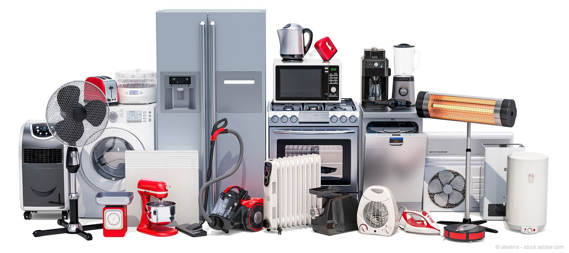 Verschiedene Haushaltsgeräte, darunter Kühlschrank, Mikrowelle und Ventilator, zusammen angeordnet.