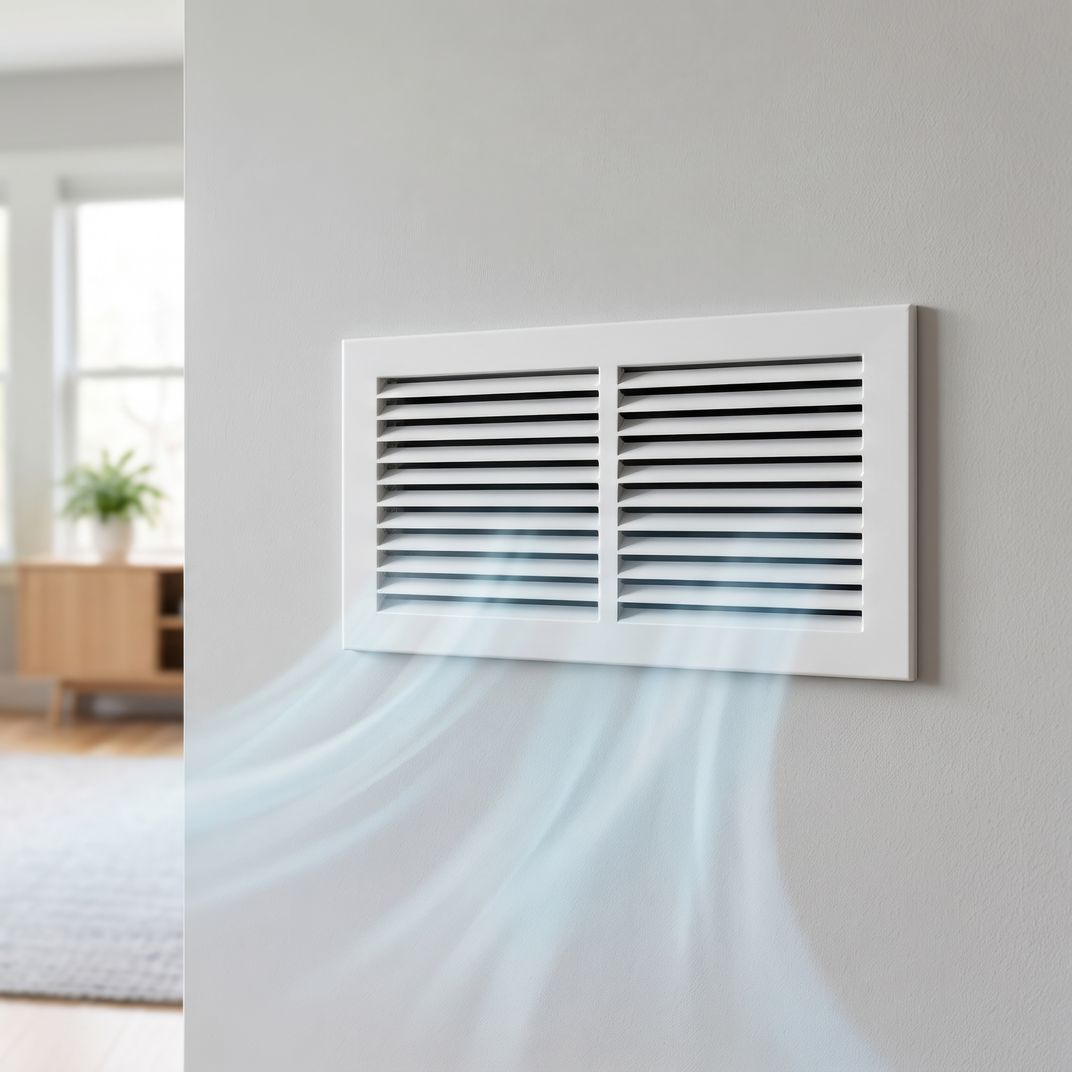Une grille d'aération murale blanche souffle de l'air frais dans une pièce lumineuse.