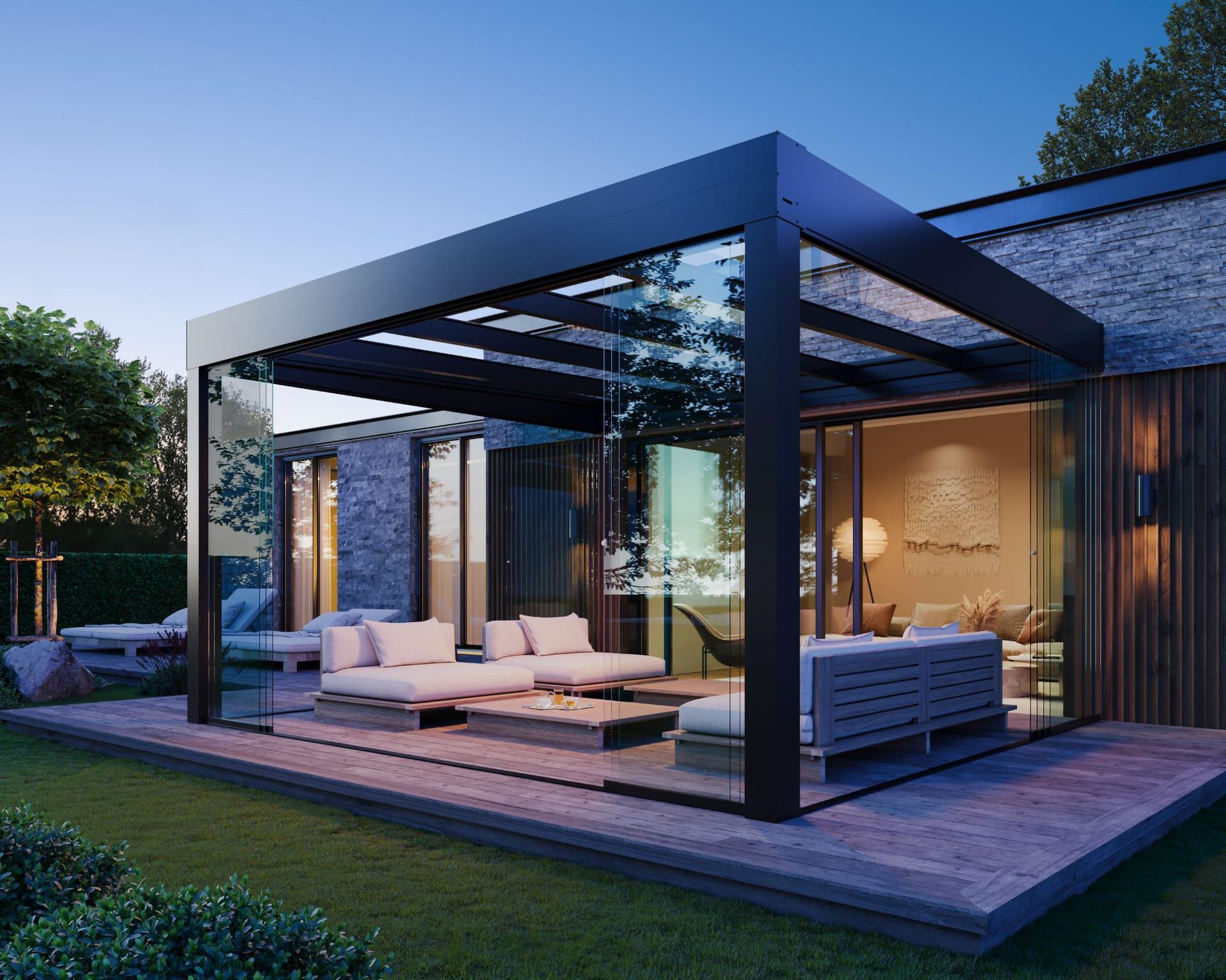 Grande pergola en aluminium permettant l'installation d'un salon extérieur