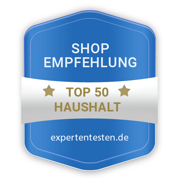 Ein blauer, schildförmiger Anstecker von expertentesten.de mit weißer Aufschrift „SHOP EMPFEHLUNG TOP 50 HAUSHALT“ und goldenen Sternen.