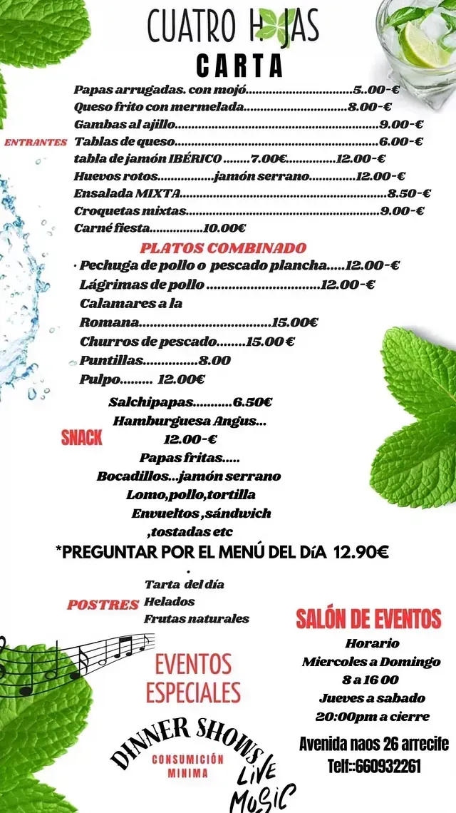Un menú para un restaurante con una imagen de hojas de menta.
